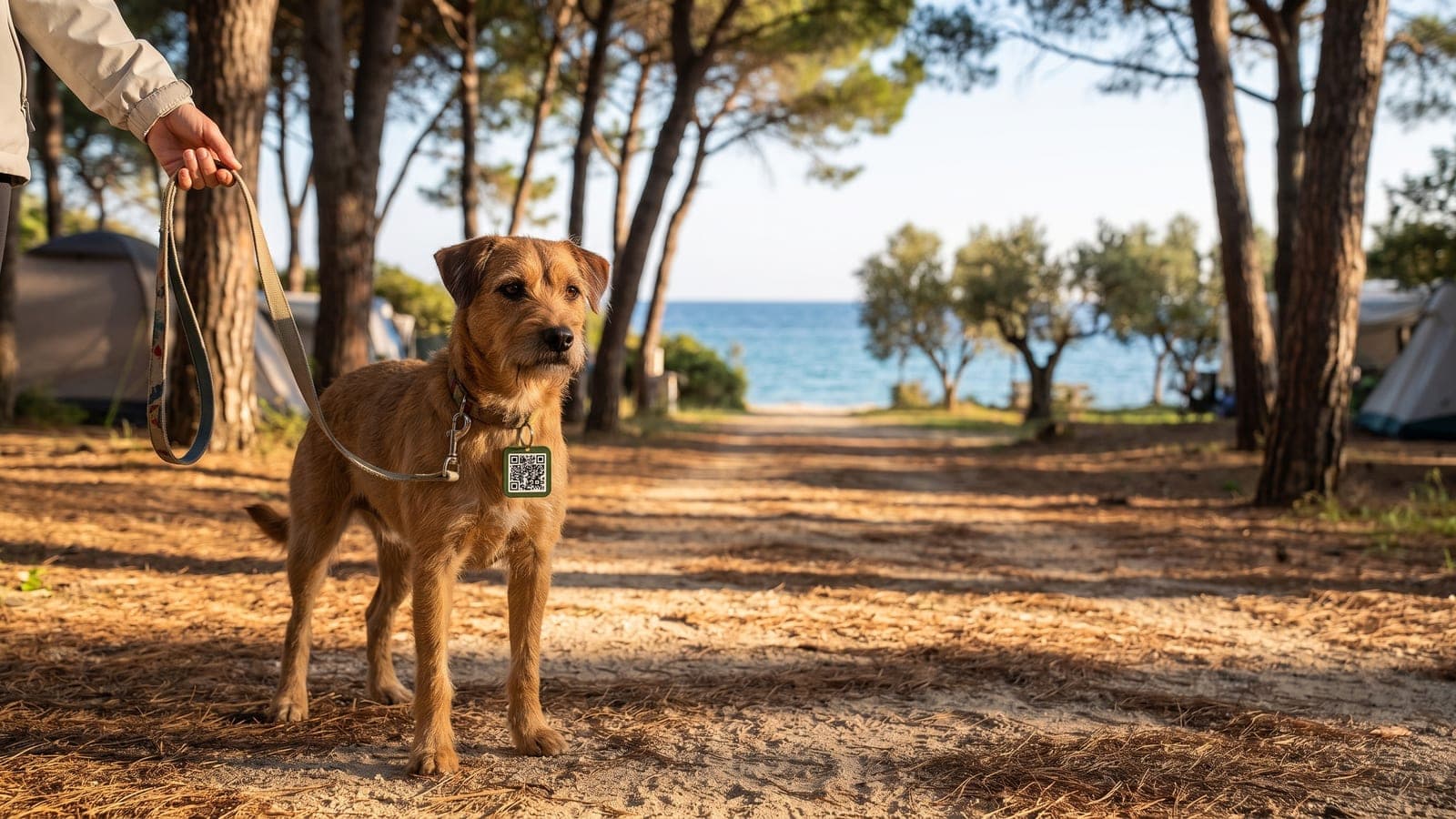 Ein Hund an der Leine auf einem Campingplatz am Mittelmeer, am Halsband eine grüne PawBack-Marke mit QR-Code