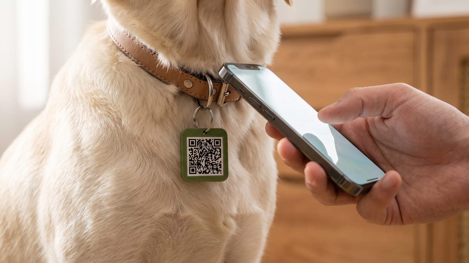 Eine Hand hält ein Smartphone an die grüne PawBack-Marke mit QR-Code am Halsband eines hellen Hundes